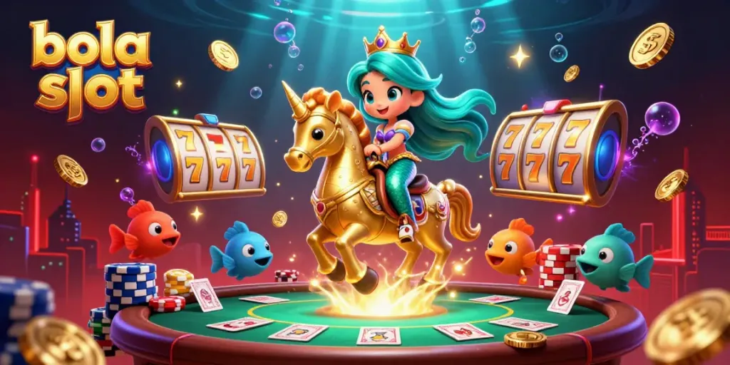Engage in the vibrant bola slot gaming scene featuring a mermaid princess and a giant seahorse amidst animated slot machines.