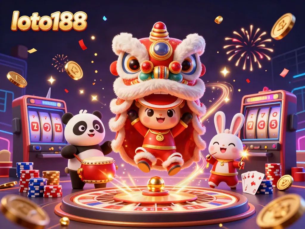Experience the excitement of loto188 with a vibrant scene of a lion dance, drumming panda, and sparkling casino elements.