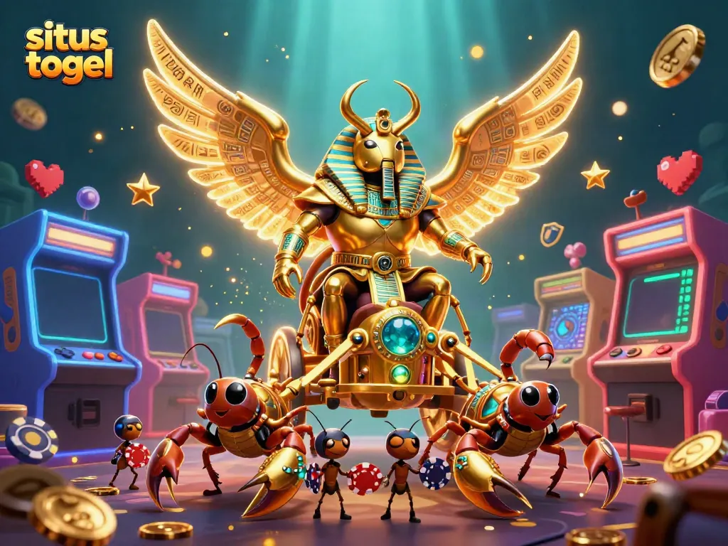 Situs togel highlights an epic scene with a golden scarab beetle and gaming elements for an enthralling casino adventure.