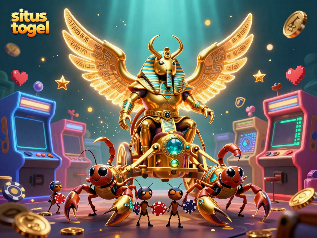 Situs togel highlights an epic scene with a golden scarab beetle and gaming elements for an enthralling casino adventure.