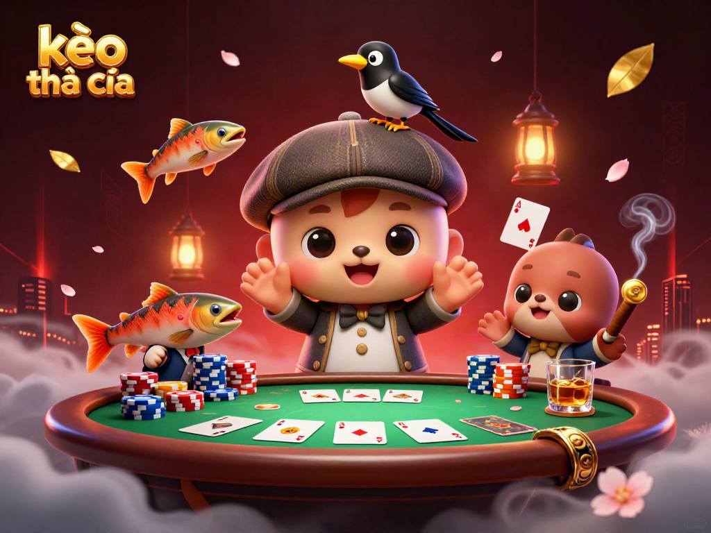 Bet on kèo nhà cái while enjoying a playful scene with Nessie and friends at a poker table.