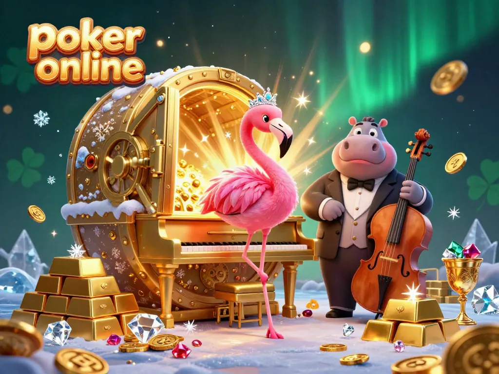 Experience poker online excitement with a vibrant casino scene featuring a colorful flamingo singer and a tuxedoed hippo bassist.