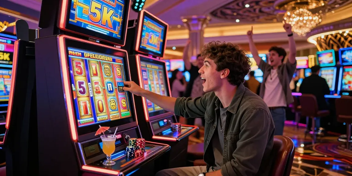 Excited player making a slot deposit QRIS 5K at a vibrant casino.