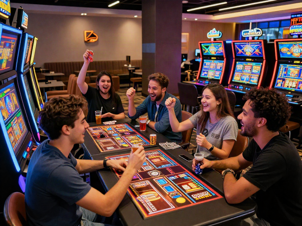 A group enjoying akunjp slot games in a lively casino atmosphere.