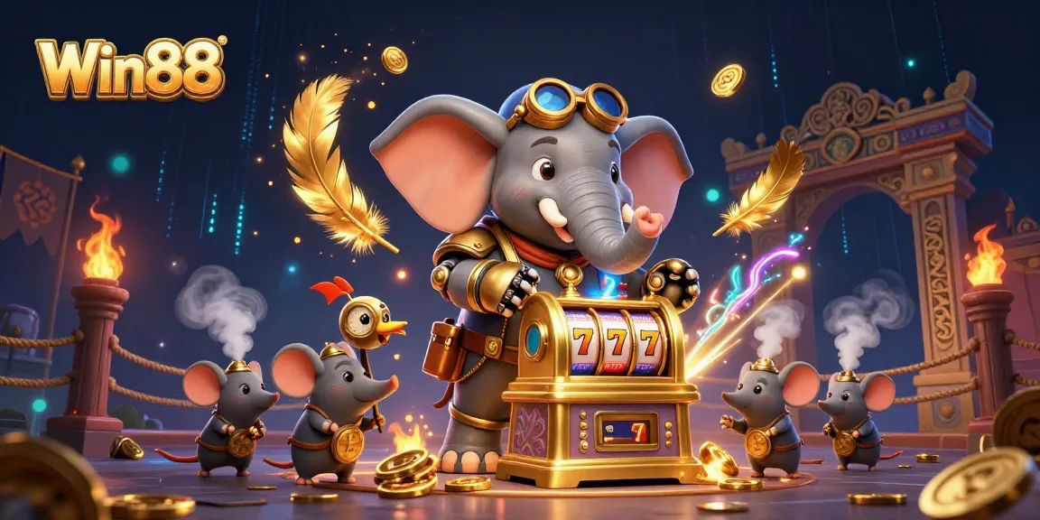 Win88 showcases the steampunk elephant operating a slot machine in a rich 3D casino scene.