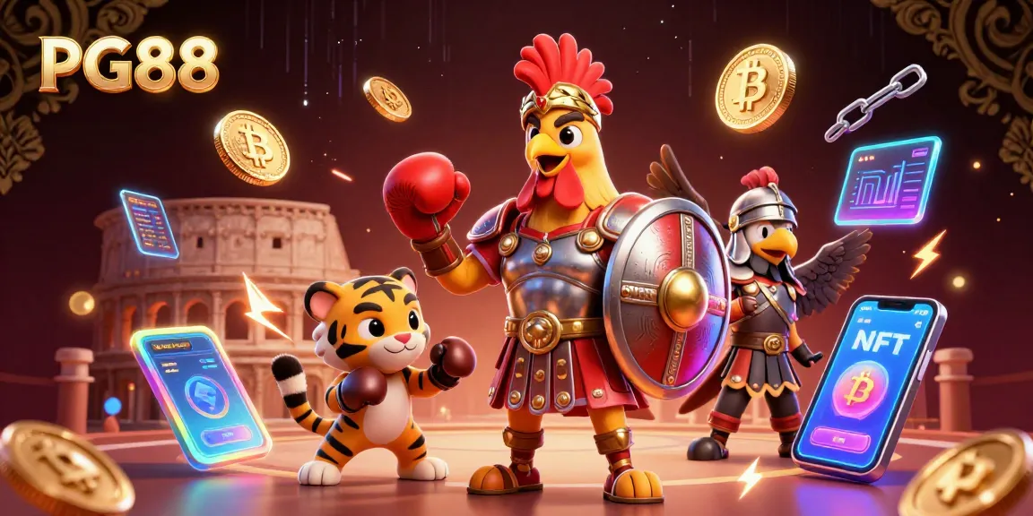 Experience the thrilling world of PG88 with a dynamic 3D casino illustration featuring action-packed characters.