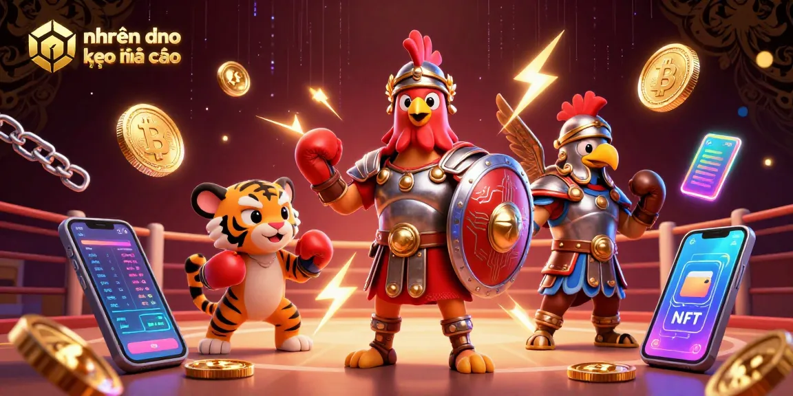 An engaging illustration of nhận định kèo nhà cái depicting a cockfighting scene with crypto coins, showcasing dynamic betting excitement.