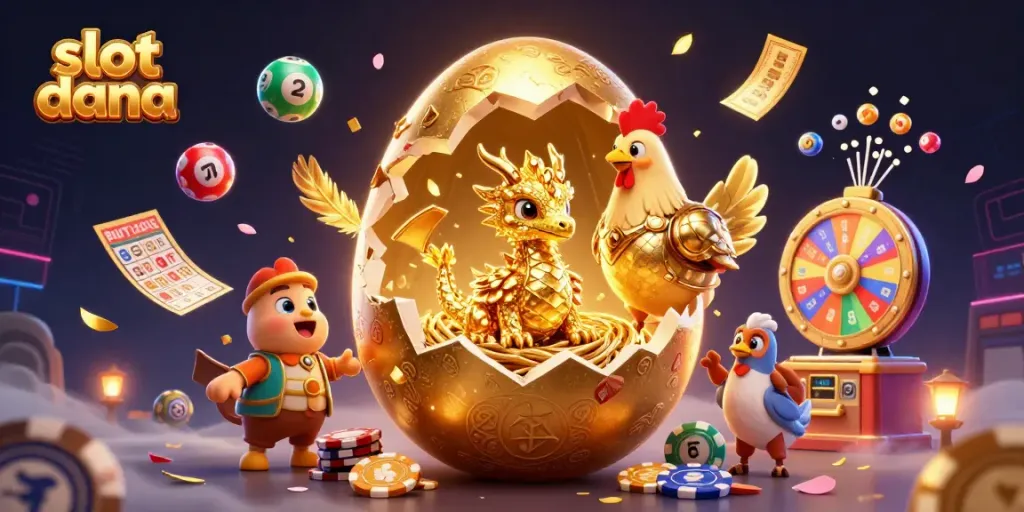 Slot dana, ilustrasi permainan kasino yang menarik dengan elemen menghibur secara dinamis.