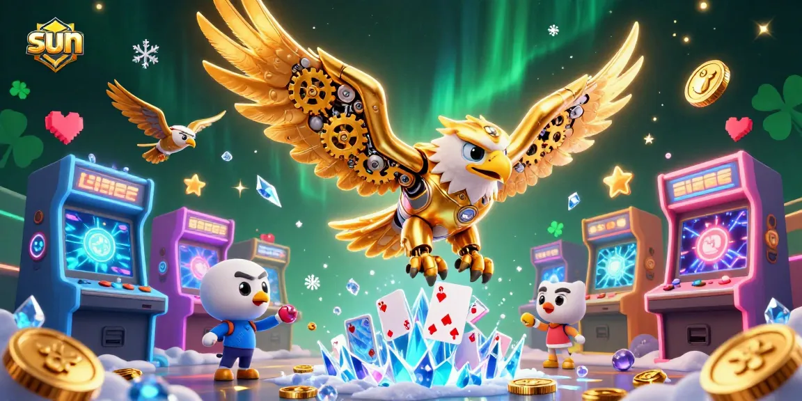 Experience thrilling casino action in the sun with a cybernetic eagle diving through holographic cards.