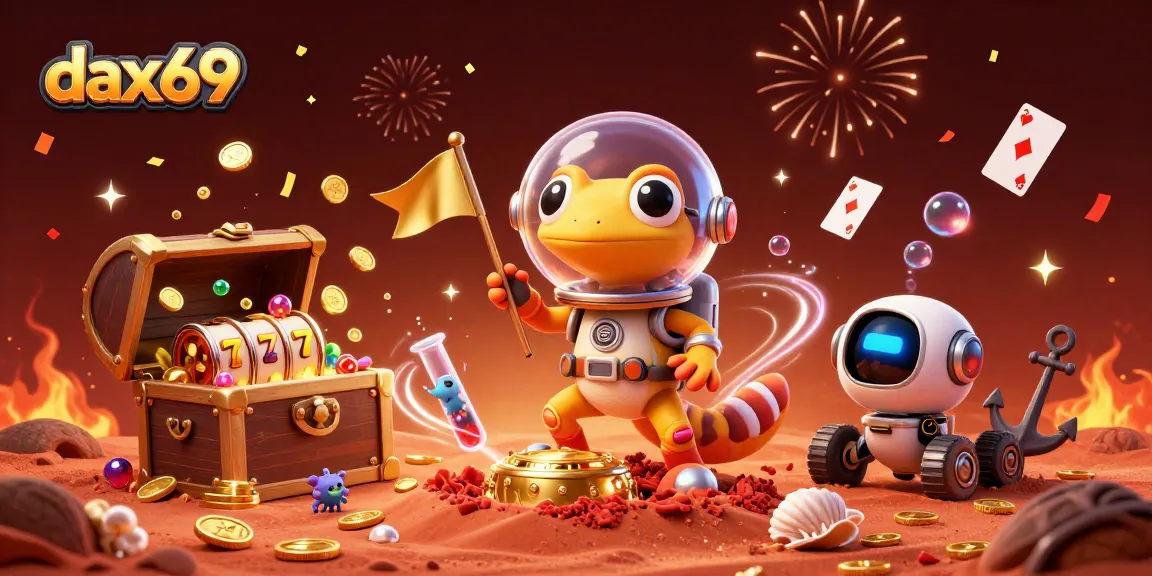 Dax69 temukan kasino emas dengan simbol slot dan karakter luar angkasa di ilustrasi 3D