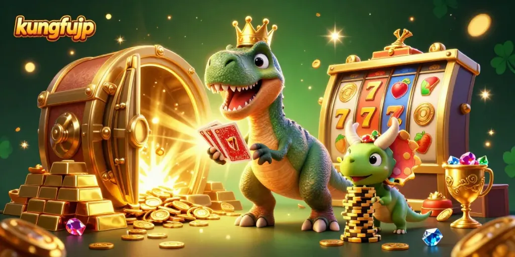 Jangan lewatkan kesempatan menyenangkan di kungfujp, dengan T-Rex mengocok kartu dan triceratops menumpuk chip emas.