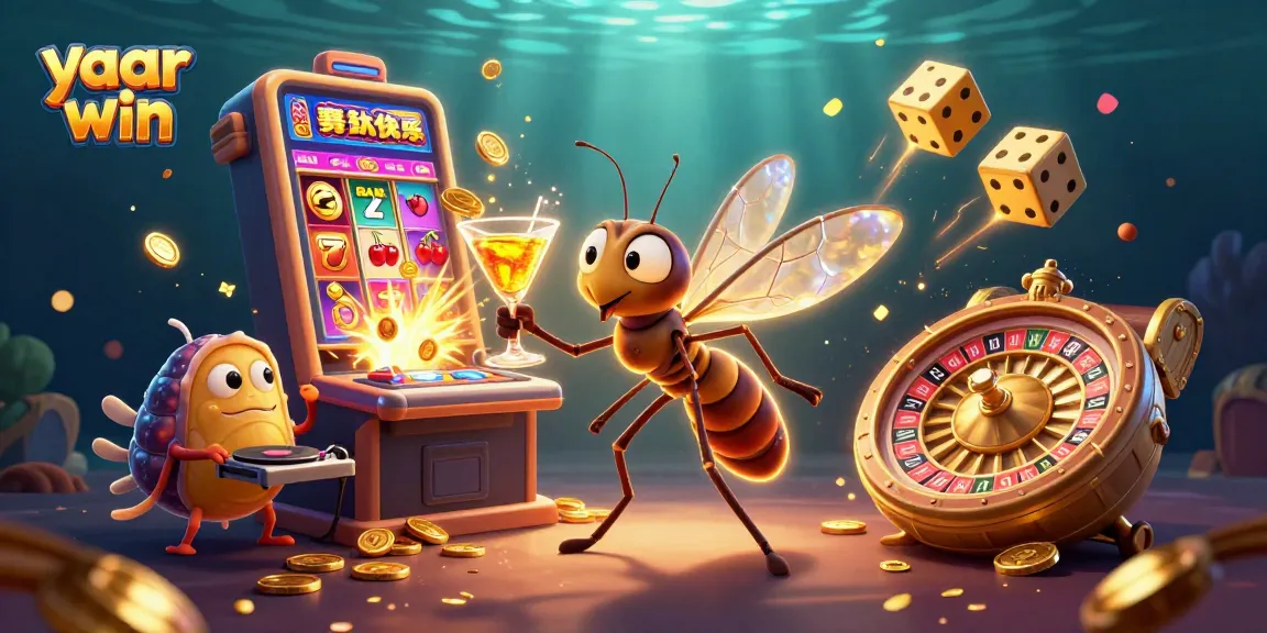 Play the exciting games at yaar win with a dynamic casino mascot scene bursting with action and vibrant colors.