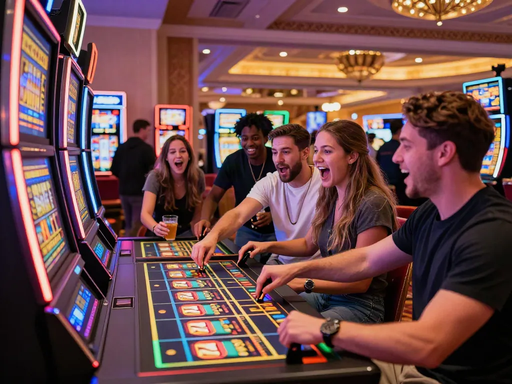 Friends cheering around a Lucky777 slot machine in a lively casino.