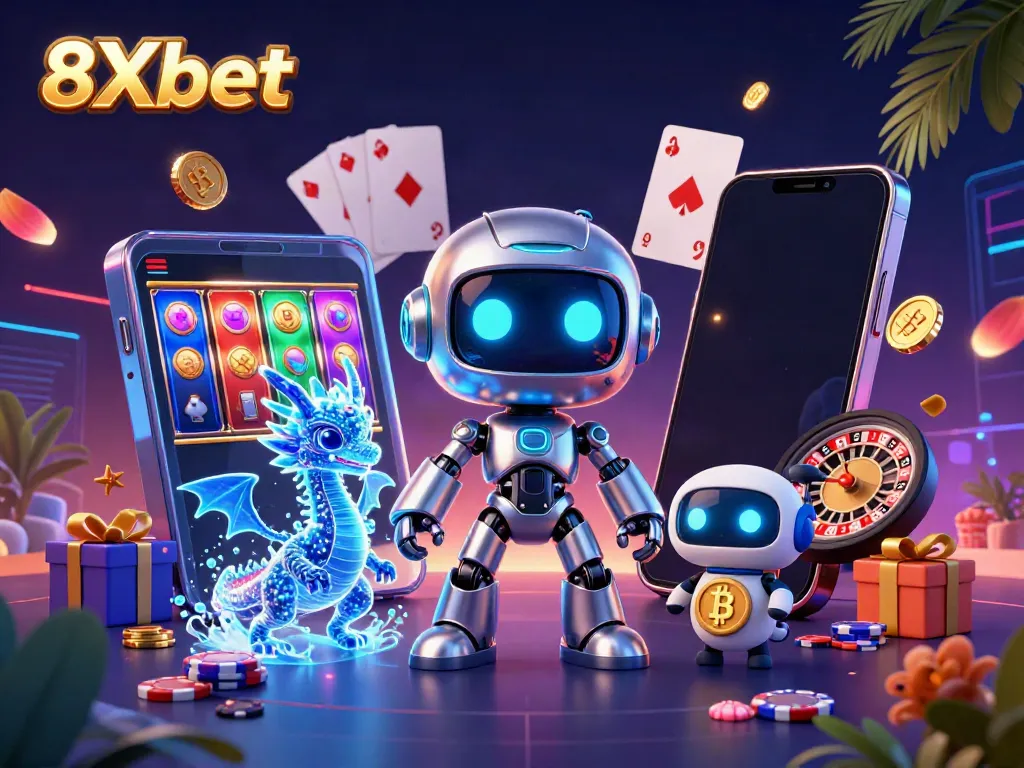 Join the excitement of 8Xbet with a colorful scene of 3D animated characters and vibrant casino games.