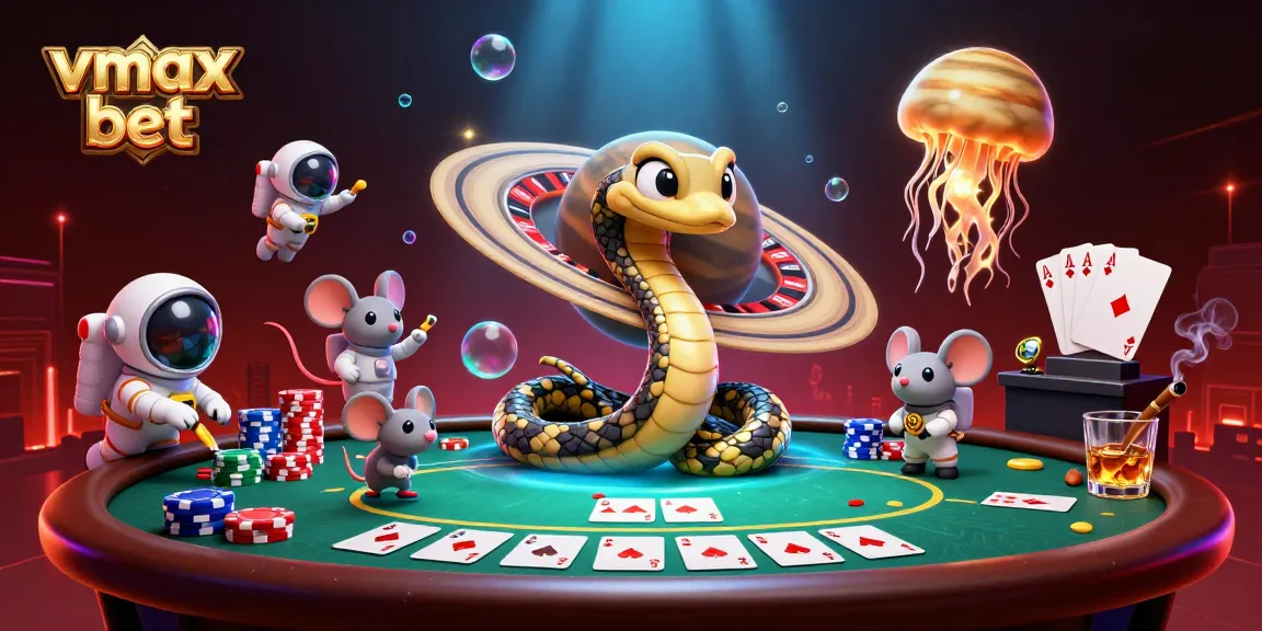 Place your bets and play vmax bet with a vibrant cosmic casino scene featuring unique celestial characters.