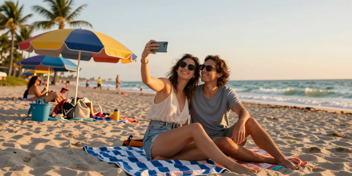 Pasangan di https://miami4d.com/ menikmati waktu di pantai Miami saat matahari terbenam, selfie dengan pemandangan indah.