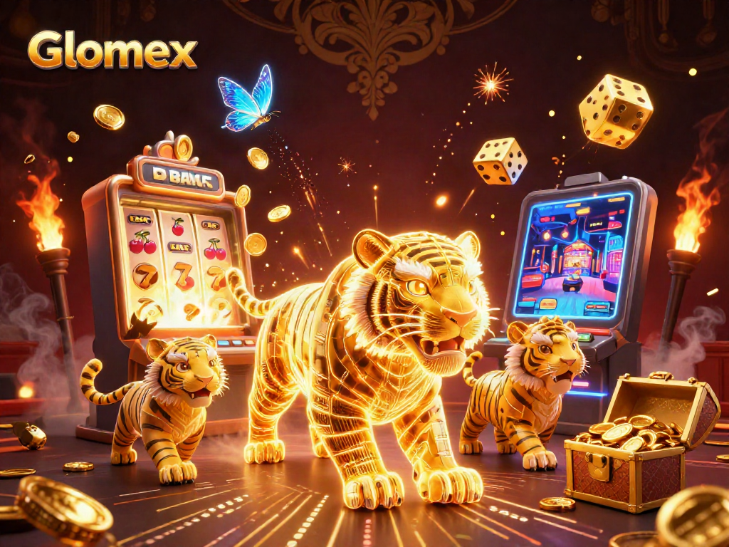 Experience thrilling wins at Glomex Casino with vibrant slot machines, golden tigers, and dazzling game elements.