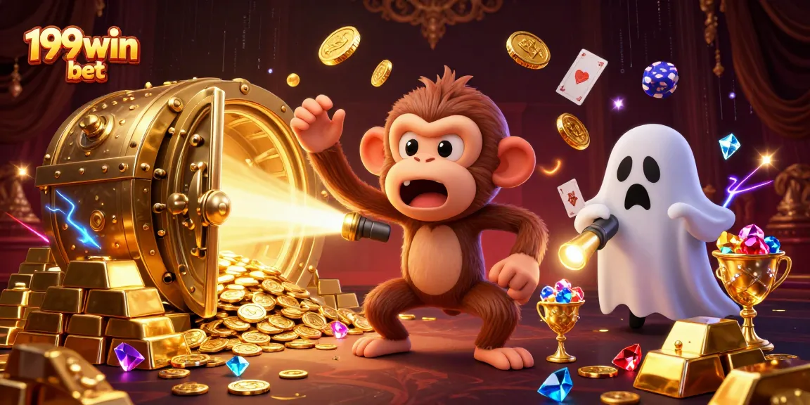 Experience the thrill of 199win bet with a curious puppy tracking a mischievous monkey in a vibrant casino setting.