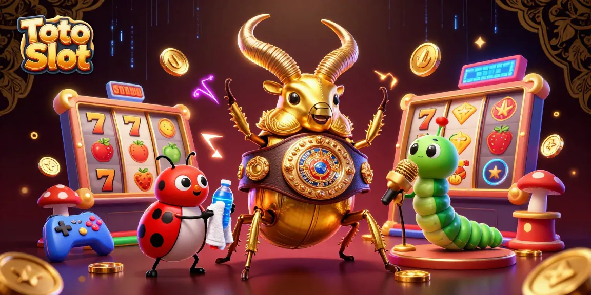 Toto Slot menghadirkan pertarungan menarik dengan pembawa acara unik dan elemen mesin slot di latar belakang.