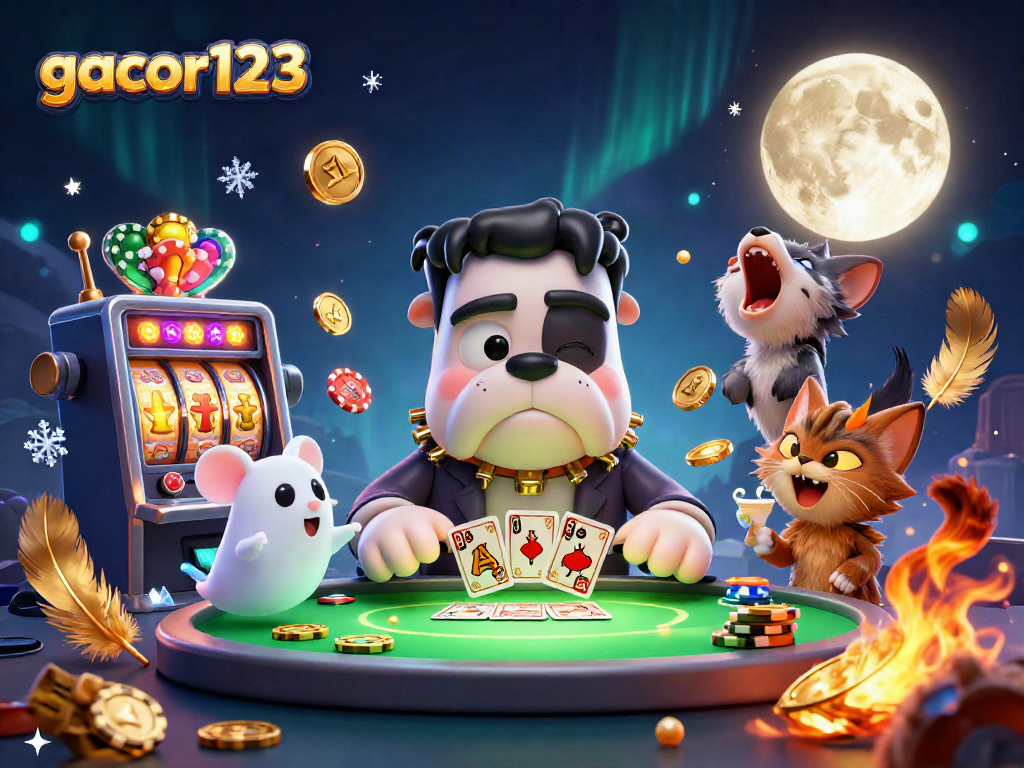 Experience thrilling gameplay at gacor123 with a whimsical scene featuring engaging casino characters and dynamic slot elements.