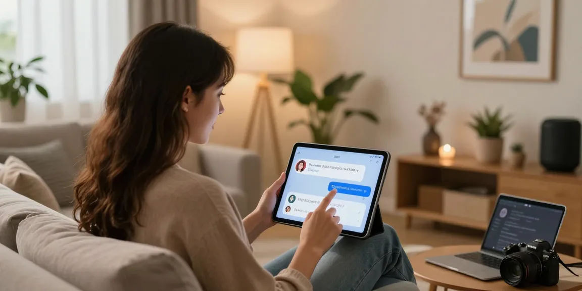 Engaging with AI gf on a tablet in a cozy living room, highlighting modern virtual connections.