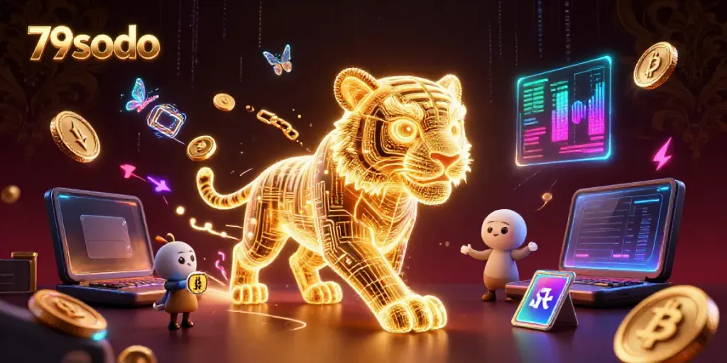 Engage with 79sodo in a luminous digital casino scene featuring a golden tiger and crypto coins.