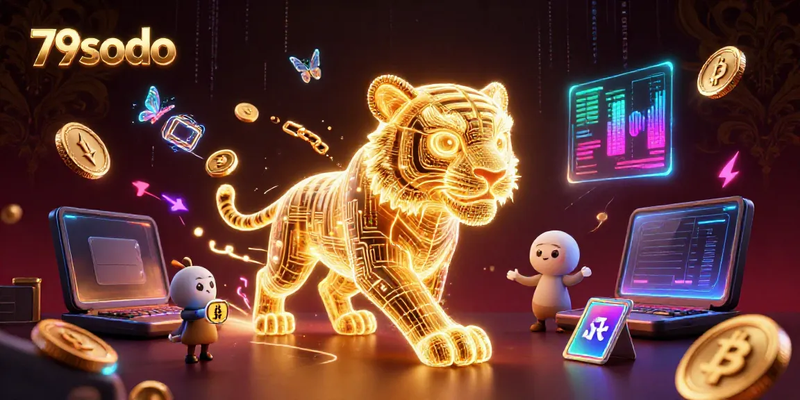 Engage with 79sodo in a luminous digital casino scene featuring a golden tiger and crypto coins.