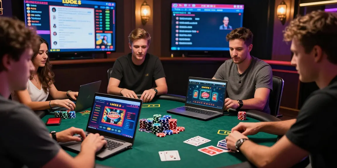LUCK8 online gambling scene with friends playing poker, vibrant casino games displayed on laptops, and engaging atmosphere.
