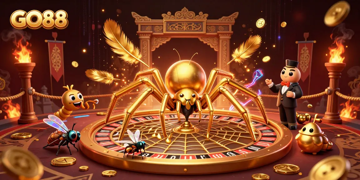 GO88: Experience thrilling casino action with a dynamic roulette scene featuring a golden spider and croupier