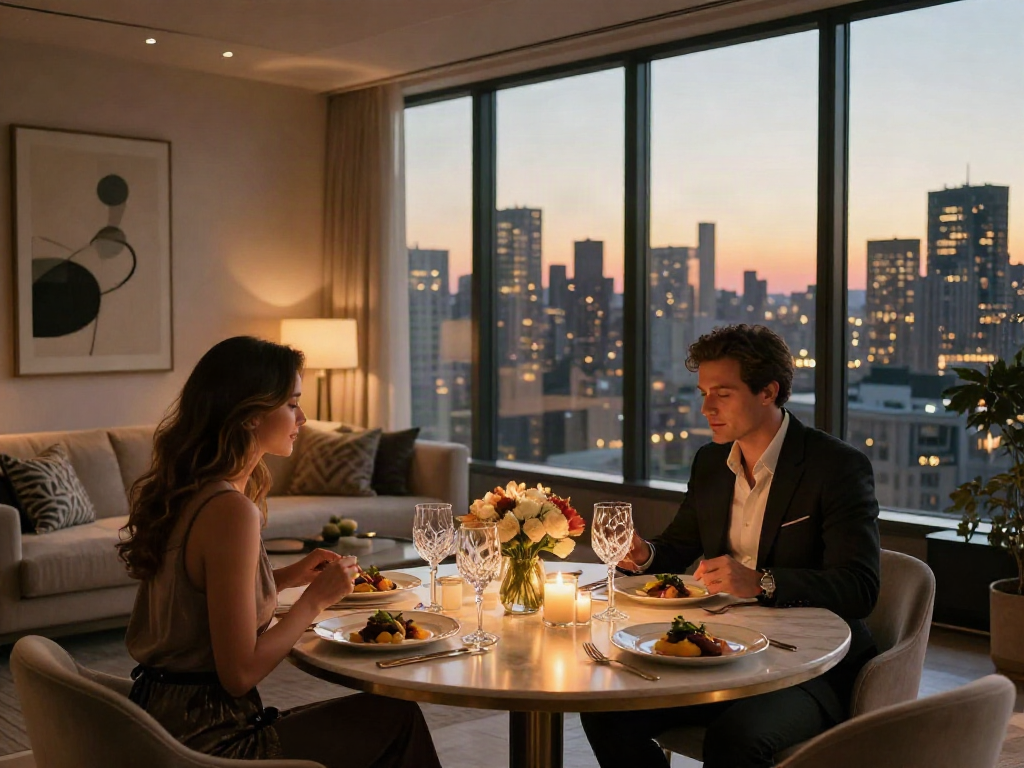 Suasana mewah di penthouse dengan pasangan menikmati LUXURY 111 pada saat senja.