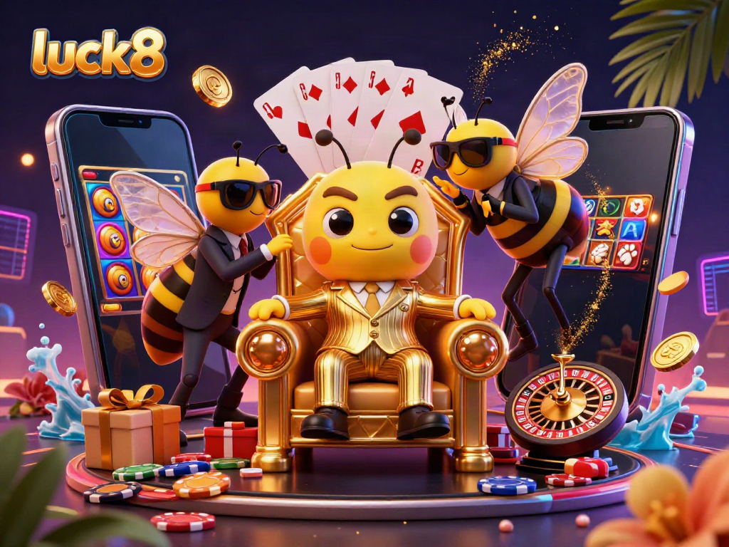 Experience thrilling luck8 slot games with a whimsical scene featuring a mob boss bee and colorful casino elements.
