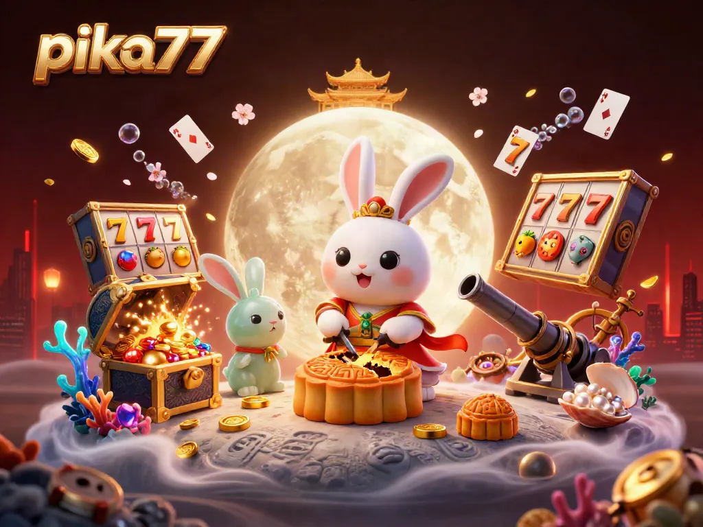 Spin and win with pika77 in a vibrant casino world full of slots, poker chips, and animated characters.