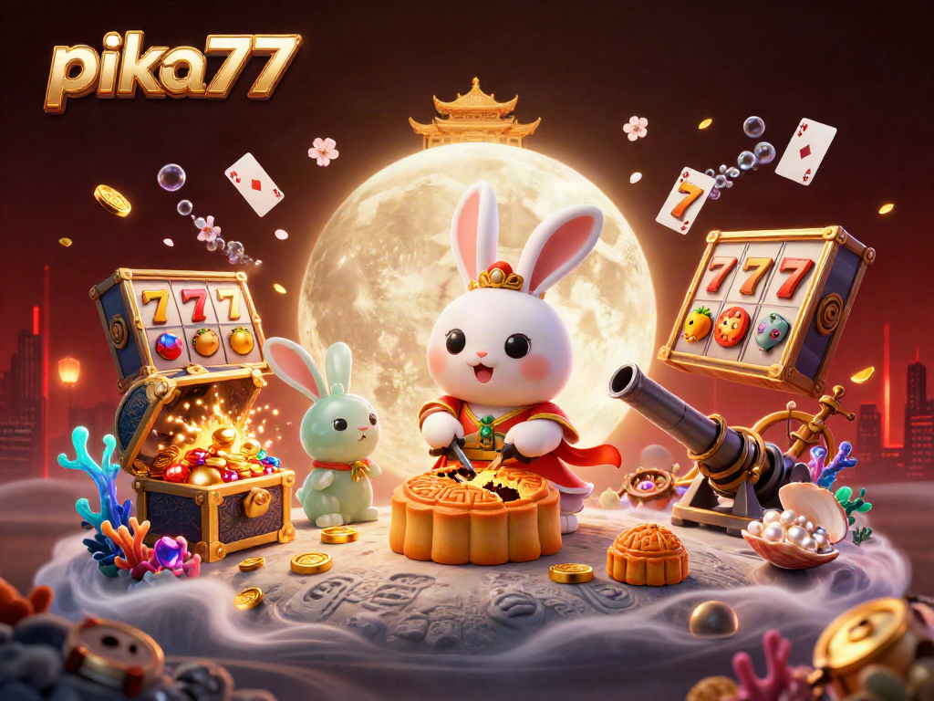 Spin and win with pika77 in a vibrant casino world full of slots, poker chips, and animated characters.