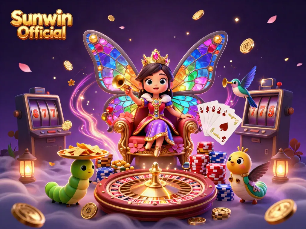Engage in thrilling games at Sunwin Official with vibrant 3D illustration of a casino scene featuring exciting elements.