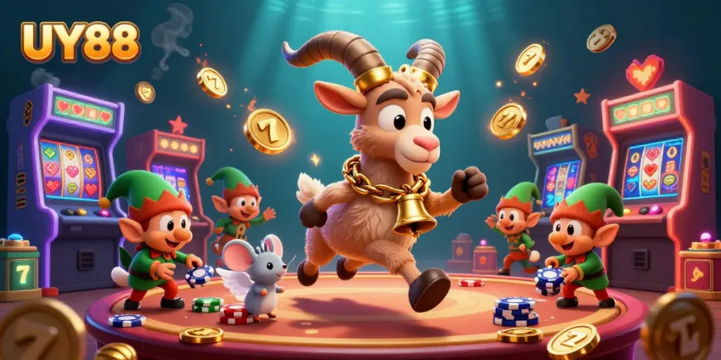 Experience UY88's festive casino vibes with 3D cartoon Krampus and playful gaming elements.