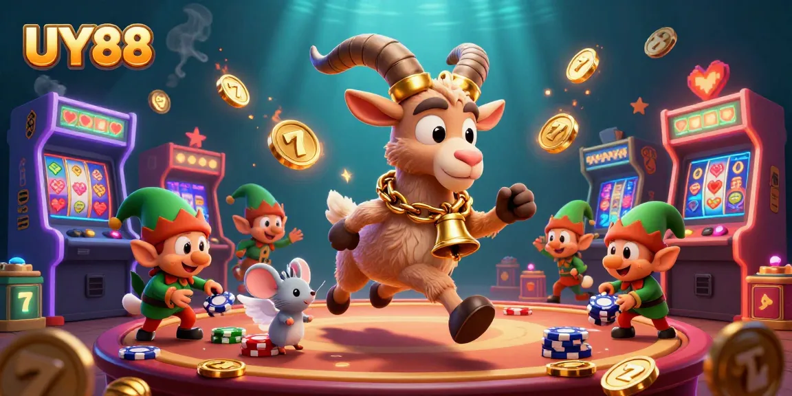 Experience UY88's festive casino vibes with 3D cartoon Krampus and playful gaming elements.