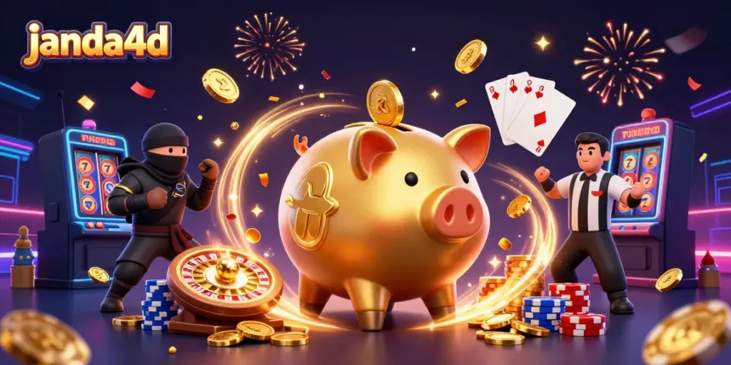 Memenangkan hadiah di janda4d dengan simbol keberuntungan dari mesin slot dan karakter ikonik.