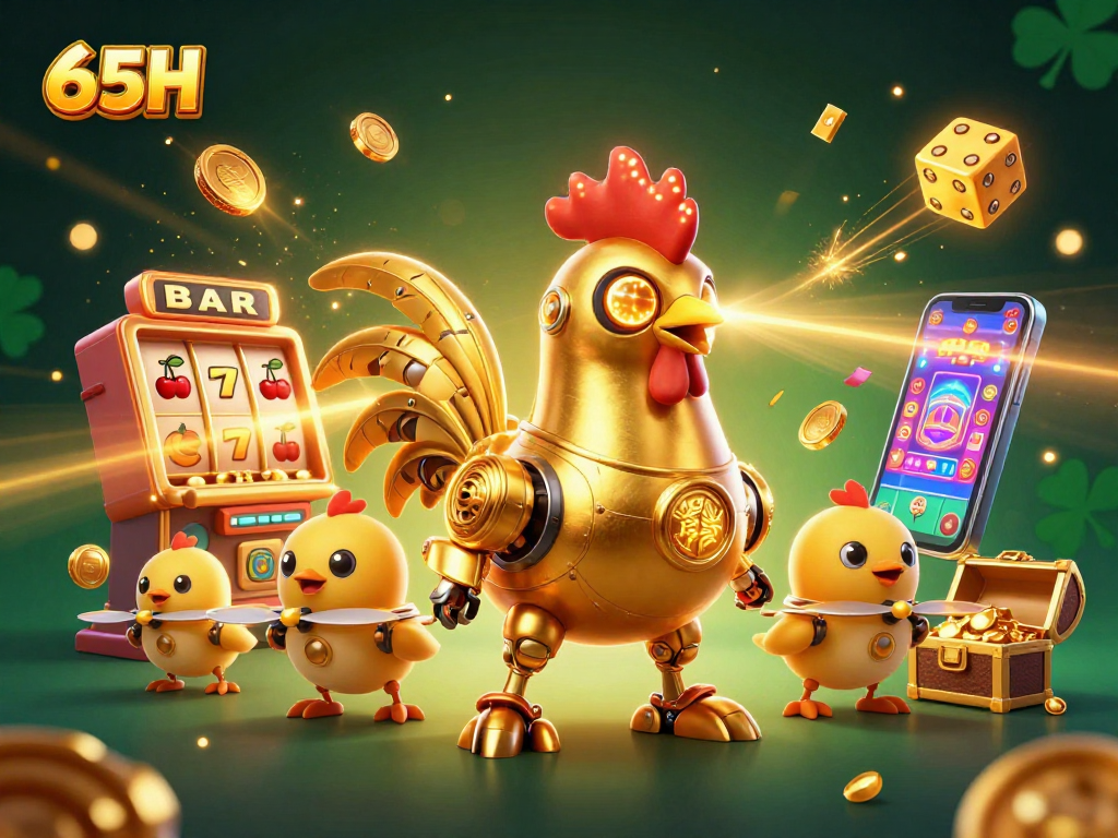 Aposte no 65H com um robô galo dourado em ação no casino, cercado por elementos vibrantes.