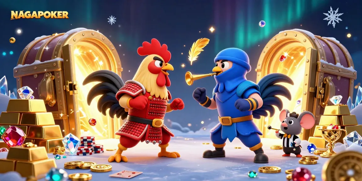 NAGAPOKER illustration featuring a dramatic standoff of roosters in a poker showdown with rich gaming elements.
