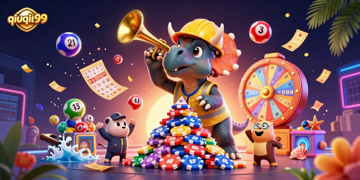Engage with qiuqiu99's thrilling casino games as characters celebrate victories amidst vibrant elements.