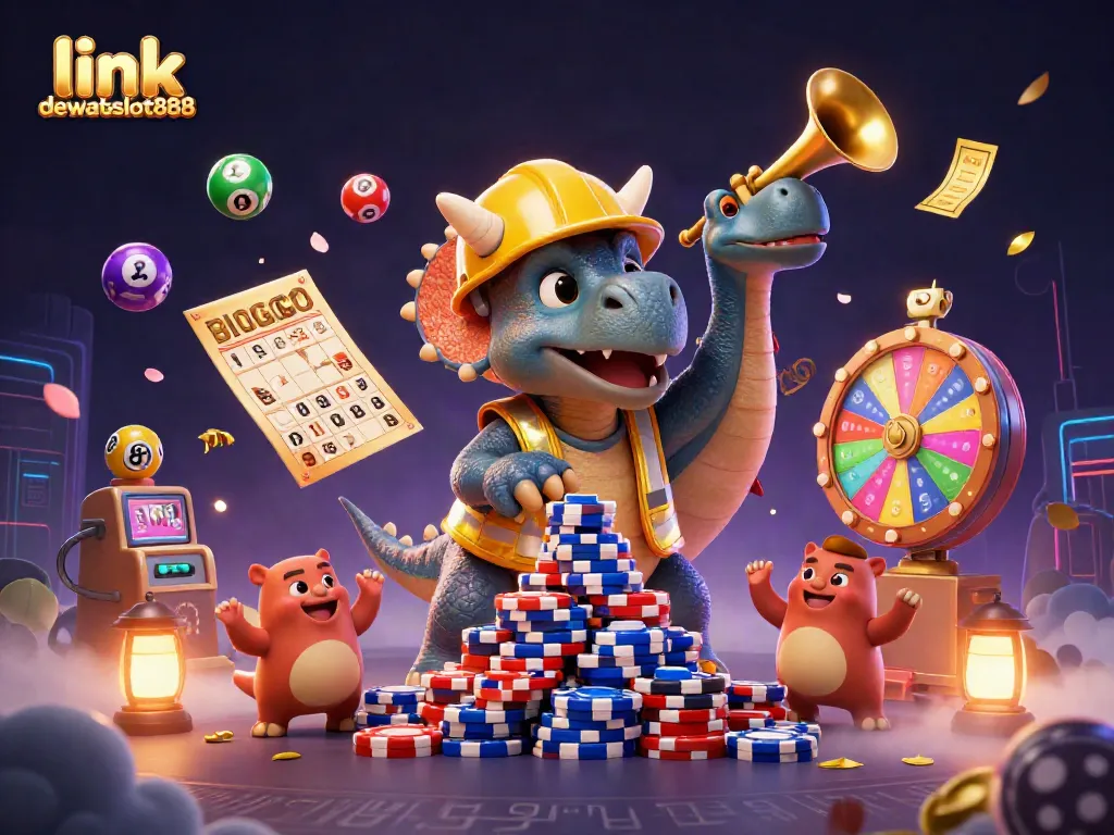 Menggunakan link dewataslot888, triceratops 3D membangun piramid chip poker dikelilingi oleh bola lotere berwarna.