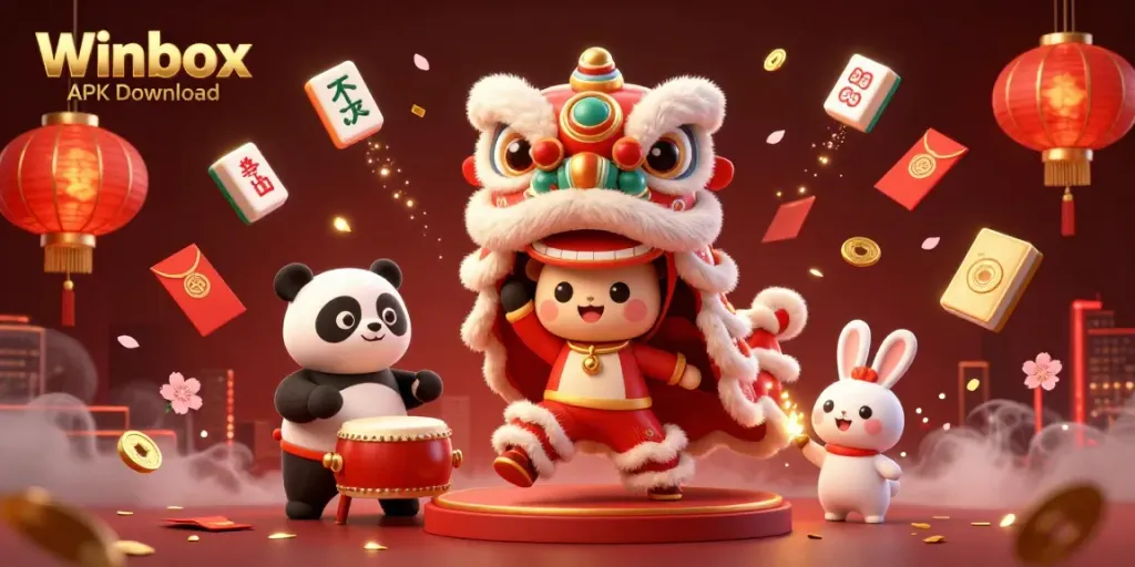 Experience the excitement of Winbox APK Download with vibrant lion dance and dynamic casino elements.