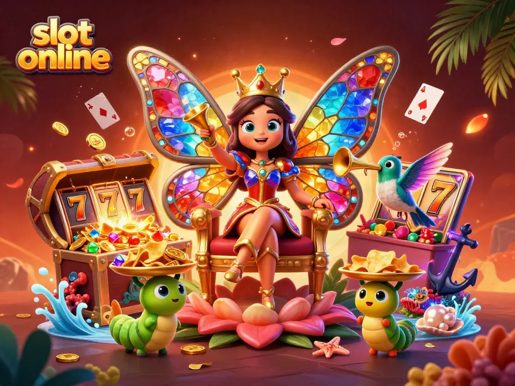 Experience winning moments with slot online in this vibrant 3D cartoon scene featuring a butterfly queen and lively game elements.