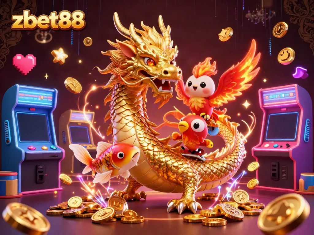 Experience thrilling gameplay at zbet88 with golden dragon, phoenix, and koi fish amidst casino excitement.