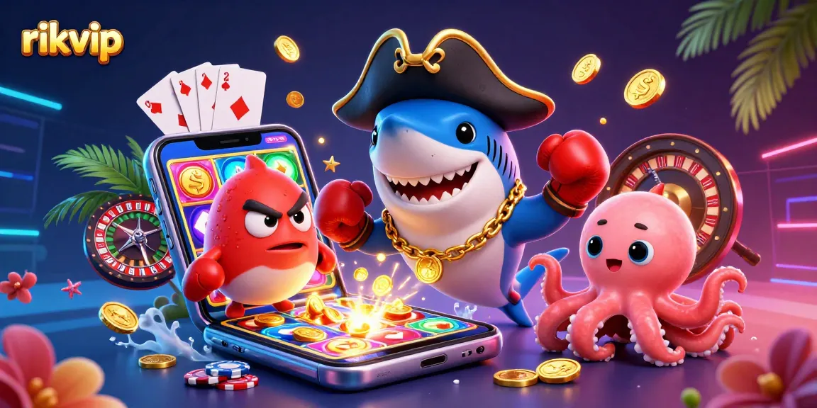 Engage with rikvip's exciting casino world featuring a cartoon pirate shark, pufferfish, and octopus with gold coins.