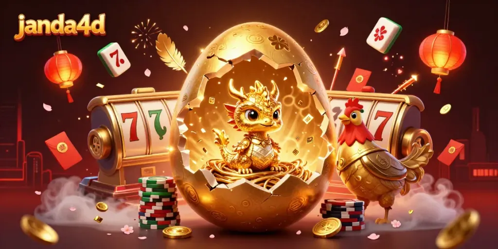Permainan slot pada janda4d menunjukkan naga emas dan telur yang mengagumkan.