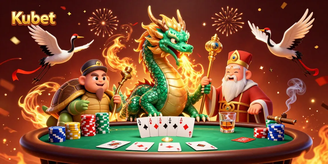 Mengklaim bonus di Kubet sambil menikmati ilustrasi kasino 3D dengan karakter naga dan penyu.