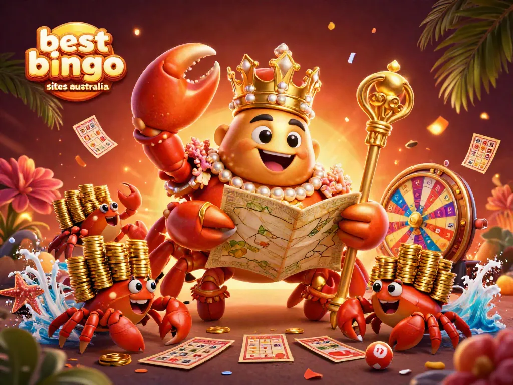 Experience the excitement with the best bingo sites australia featuring vibrant bingo elements and a royal crab emperor.