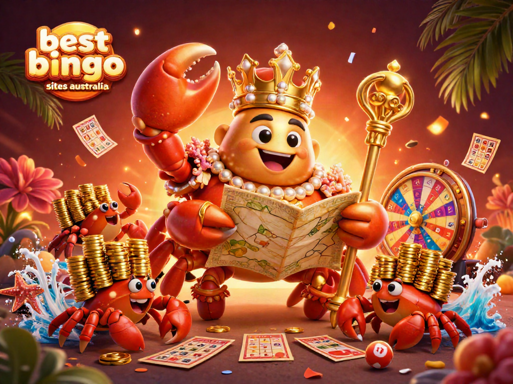 Experience the excitement with the best bingo sites australia featuring vibrant bingo elements and a royal crab emperor.