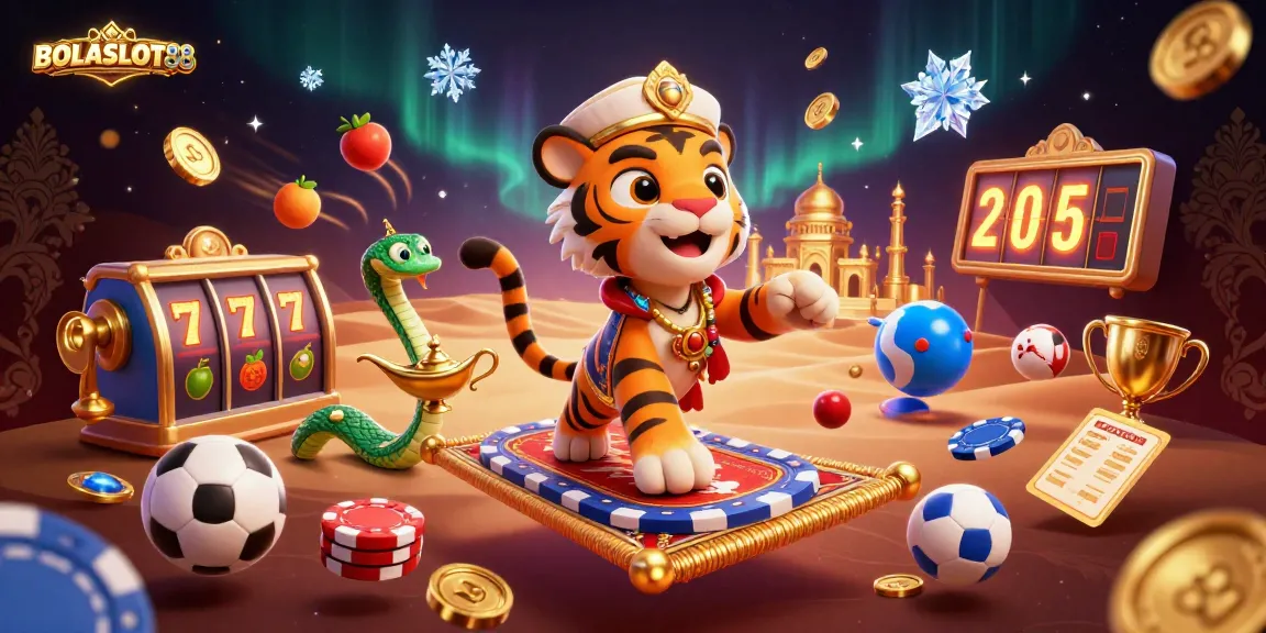 Play games at BOLASLOT88 while enjoying the magical adventure of a tiger sultan on a carpet of poker chips.
